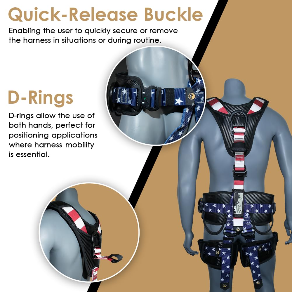 AFP Fall Protection Premium Full Body Safety Harness | Padded Shoulder, Legs and Back | Thick Back Support Belt | Aluminum Quick Release Connect Buckles | OSHA/ANSI Rated PPE