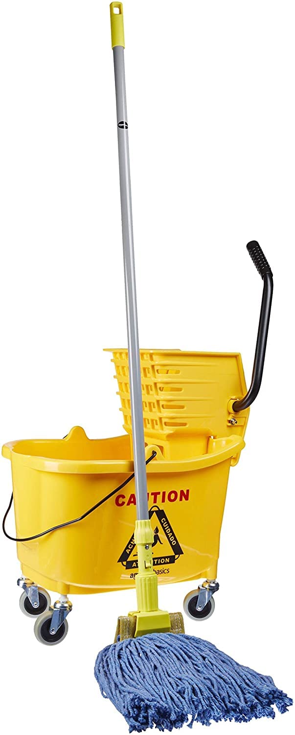 Amazon Basics Commercial Side Press Wringer Floor Cleaning Mop Bucket on Wheels, 35-Quart, Yellow