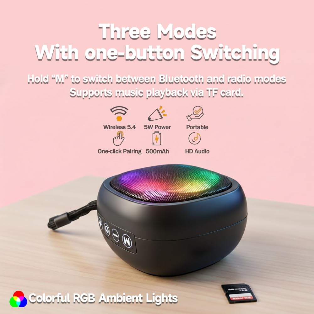 Treayes 5.4 Mini Bluetooth Speaker with RGB Lights, Portable Small Wireless Speaker with Deep Bass, Bluetooth Compact