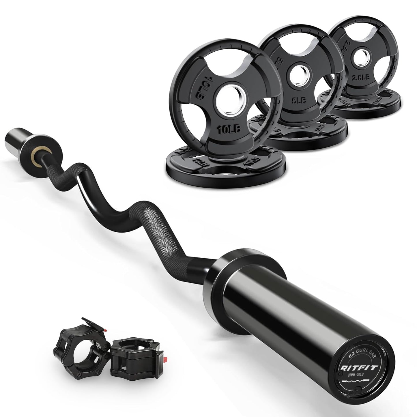 RitFit 2 Inch EZ Curl Bar with Weights, 350LBS Capacity Olympic Barbell for Bicep & Triceps, Home Gym Strength Training,Black with 35LBweights