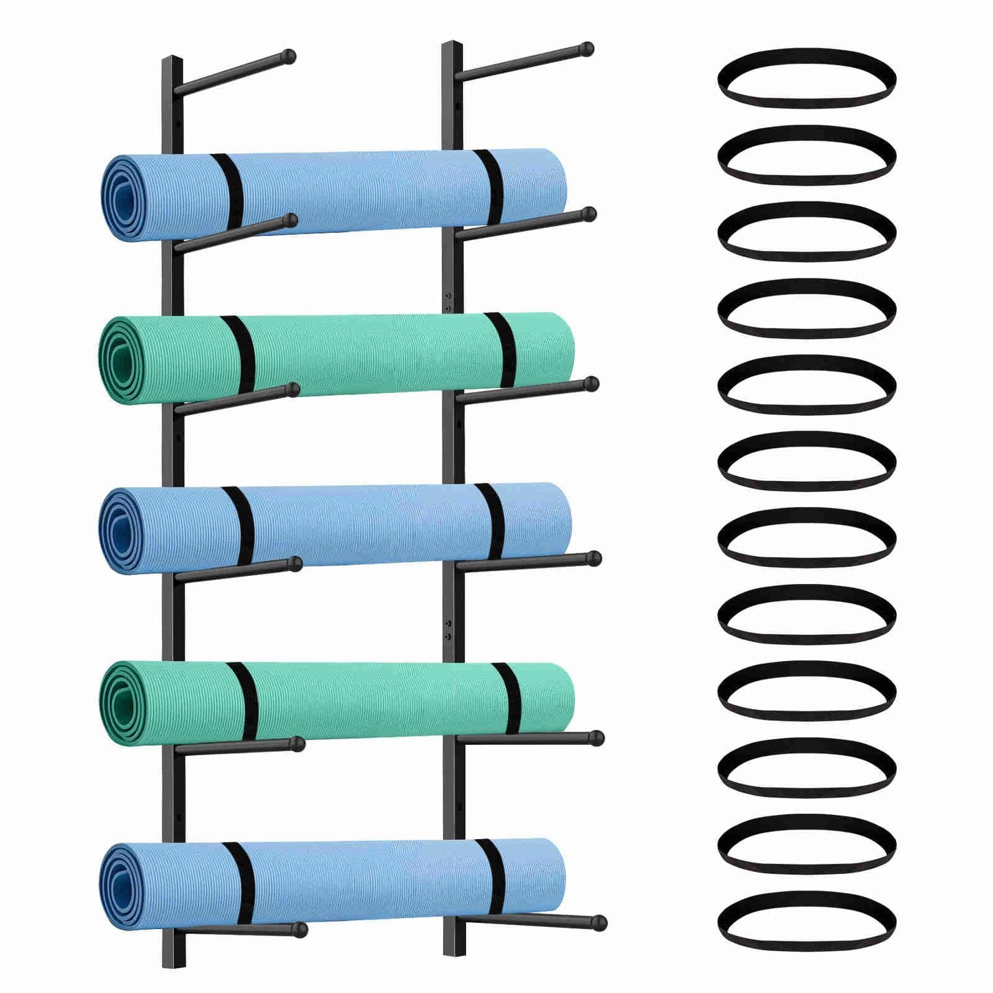 Kelmuis Yoga Mat Holder Wall Mount with 12 Straps, 6 Tier Metal Yoga Mat Storage Rack Home Gym Exercise Workout Equipment Organizer for Foam Roller Resistance Bands