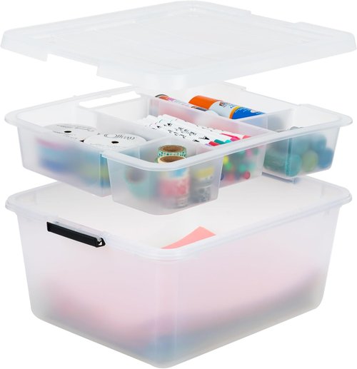 IRIS USA 18 QT Clear Storage Organizer - Stackable Plastic Box with Removable Dividers for Crafts, Tools & Office