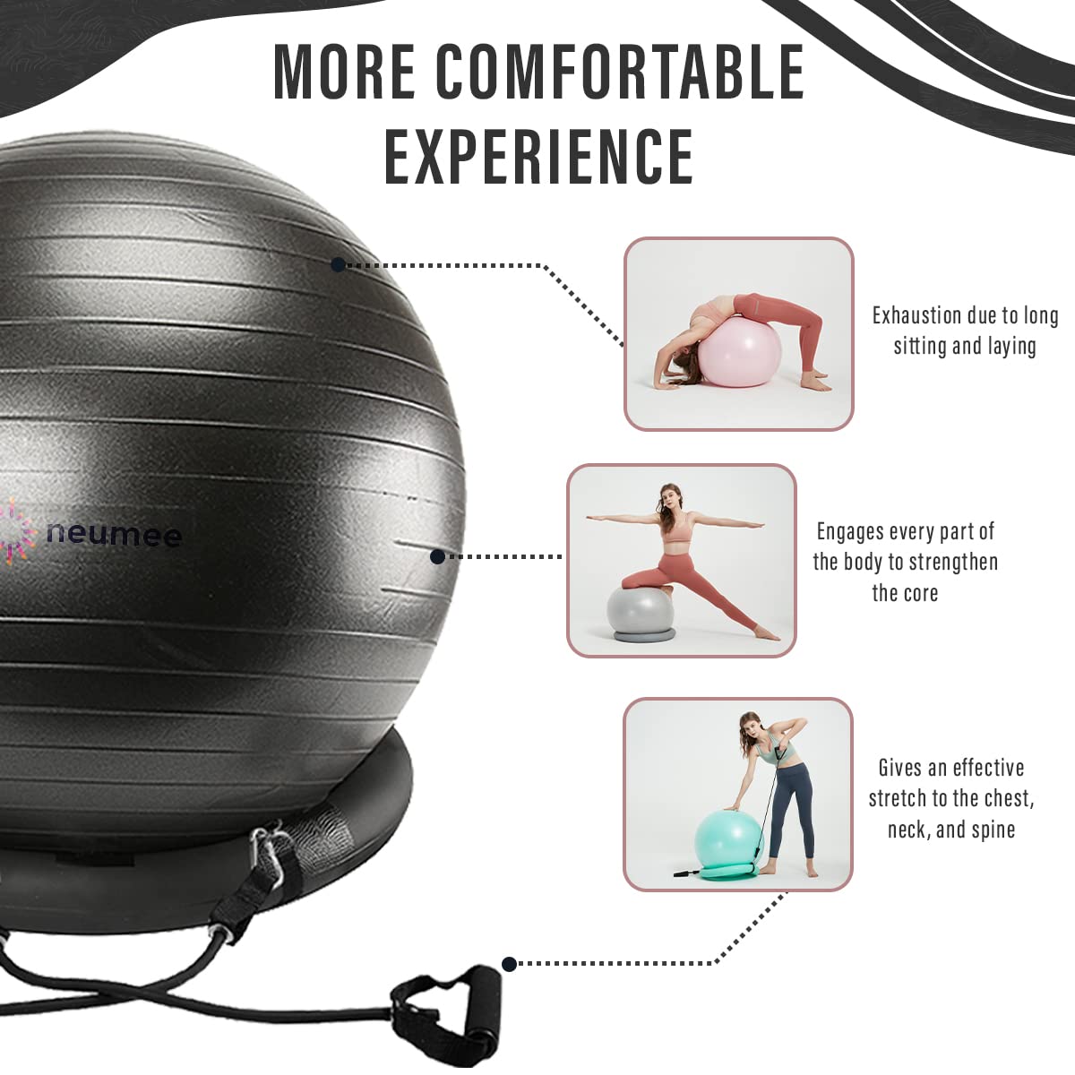 NEUMEE Yoga Ball Chair with 65cm Exercise Ball & 2 Resistance Bands, Stability Base for Home Office, Yoga, Pilates & Fitness, Balance Ball for Posture, Core Strength & Low Impact Workouts (Black)