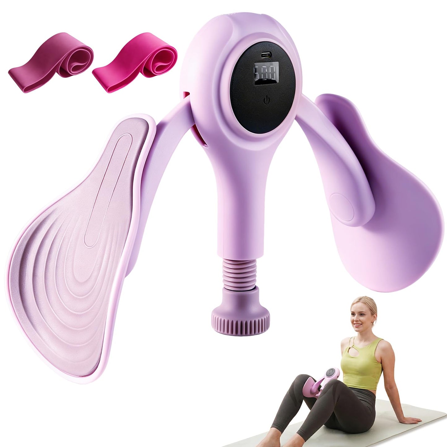CYFIE Thigh Trainer for Women, Adjustable Inner Thigh Exerciser with 2 Band, Pelvic Floor Exercise Device & Kegel Exerciser with LED Counter, Hip Trainer & Thigh Workout Equipment for Home Workout