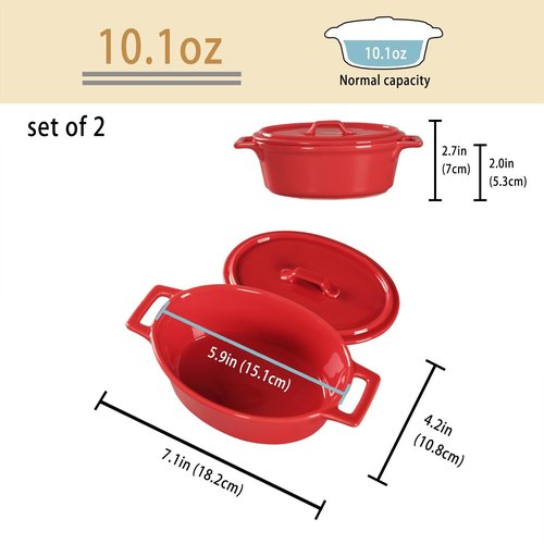 Ceramic Mini Oval Cocotte Set - 10 Ounce Casserole Dishes with Lids & Handles | Red, Oven & Microwave Safe