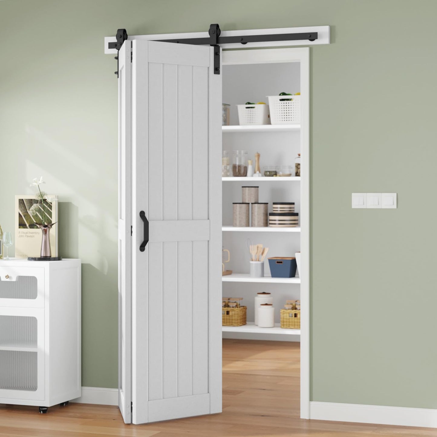 Finosen Bifold Barn Door 48 x 84 in (Double 24 inch)，Bi-fold Sliding Closet Doors with Hardware Track kit Included, 4.3ft Rail for 2 Doors, MDF Wood Panel,PVC Surface, Save Space,DIY Assembly, White