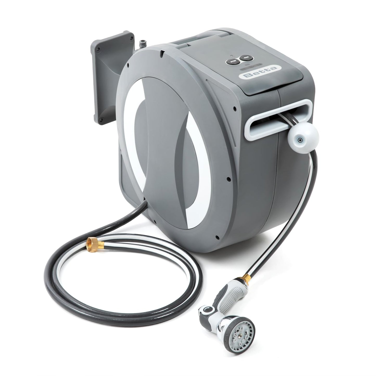Betta EaseReel Battery-Powered Wall-Mounted Retractable Hose Reel, with Quick-Access Dual Hose Length Control, 8 Spray Patterns Nozzle, Automatic Roll-Up & Tangle-Free Hose Guide (1/2'', 78FT/23m)