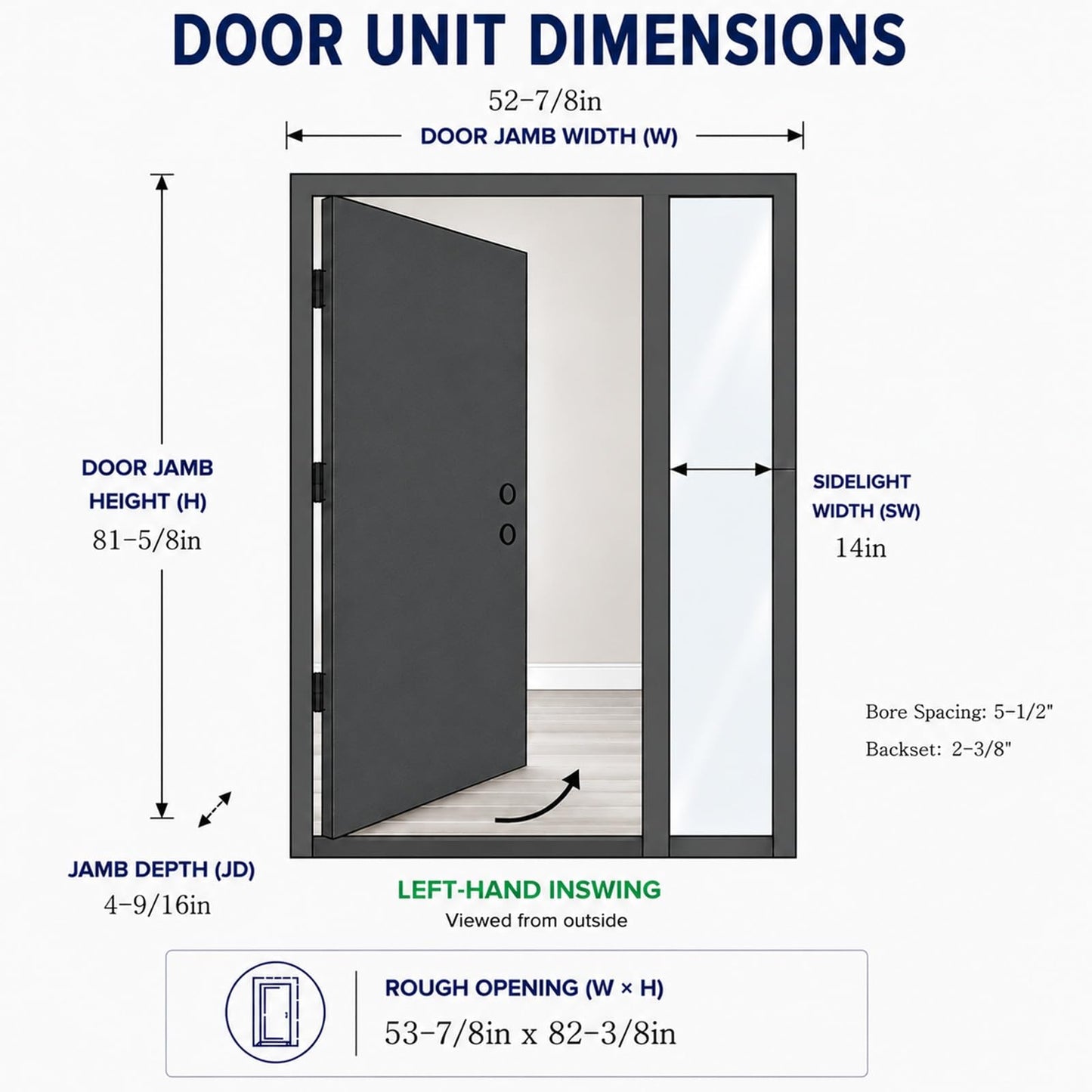 53x80in Fiberglass Front Door with 14in Sidelight, Black Exterior Entry Door for Home, Left-Hand Inswing, Textured Finished with Hammered Glass Knock-Down Door, Vinyl Frame and Brickmould Included