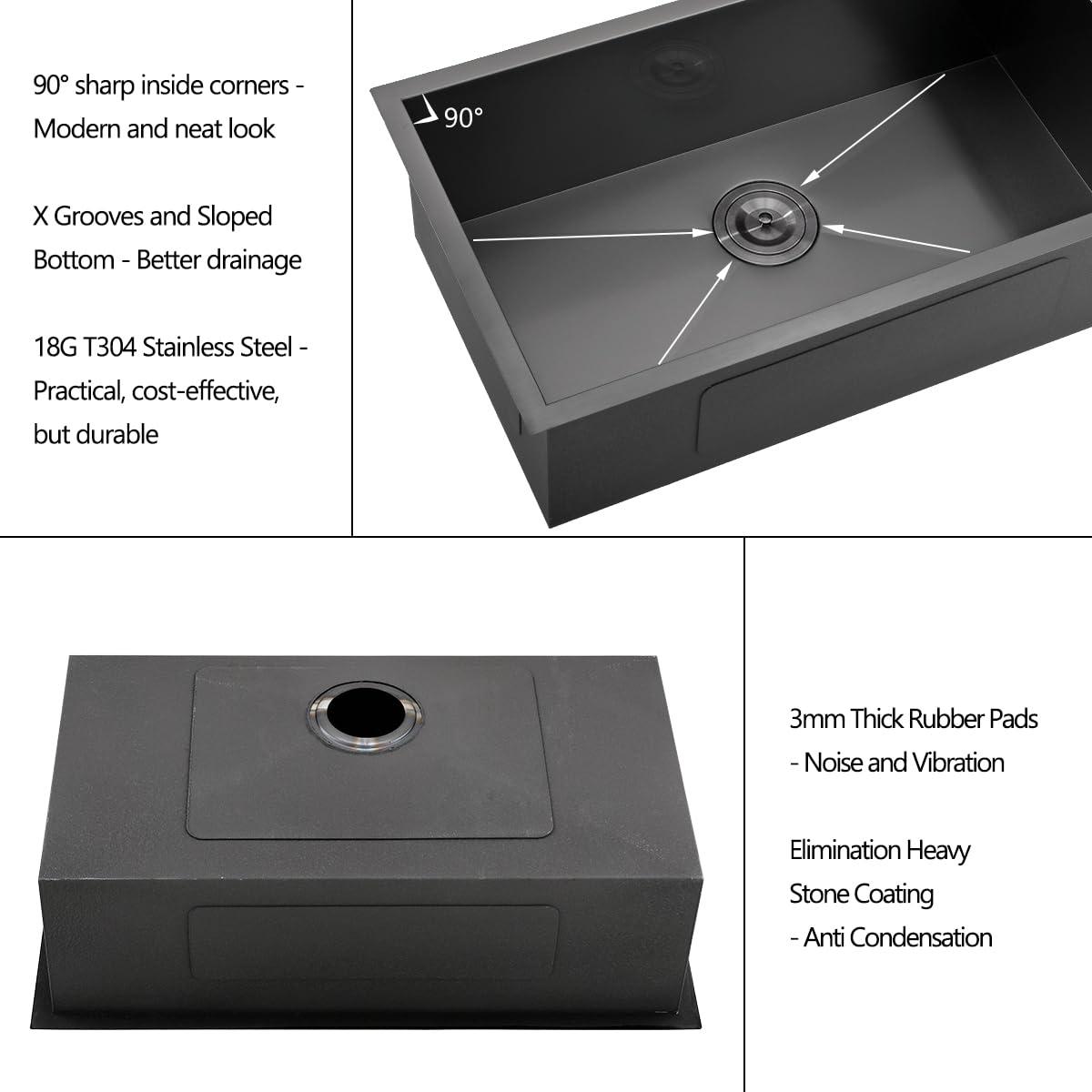 30 Black Stainless Steel Undermount Kitchen Sink, Luckyhorse 30" x 17" x 9" 18 Gauge Gunmetal Black Stainless Steel Undermount Kitchen Sink LH025SQ