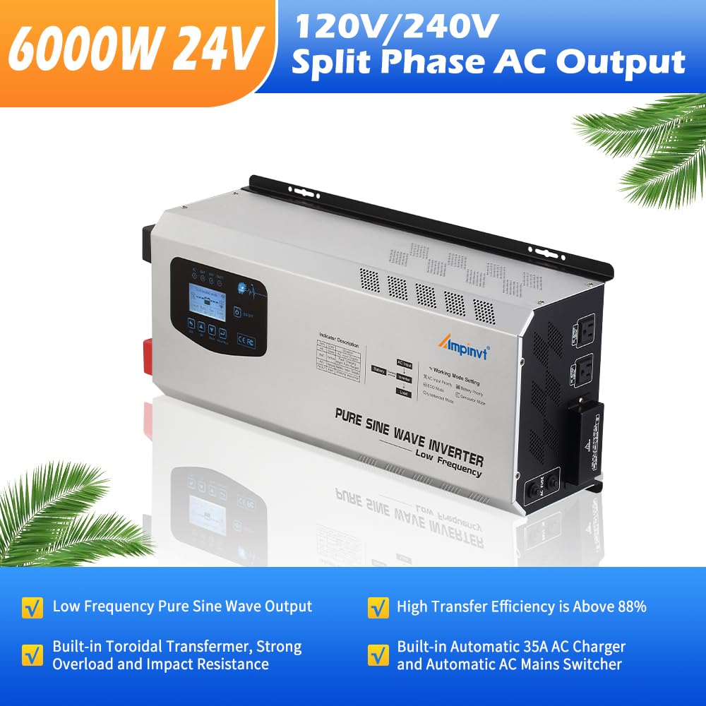 Ampinvt 6000W Peak 18000watts Pure Sine Wave Power Inverter 24V DC to AC 120V 240V Split Phase with Battery AC Charger,Off Grid Low Frequency Solar Inverter for Home