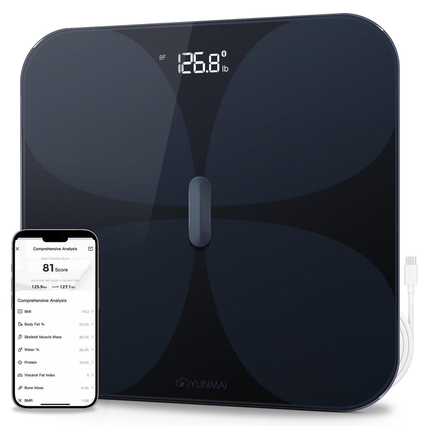Yunmai Smart Scale with BMI, Body Fat, Muscle Mass, Body Weight, Body Fat Scale, 13 Body Composition Scale, Accurate Digital Bathroom Scale Bluetooth, Apple Health Compatible, Rechargeable 400lb