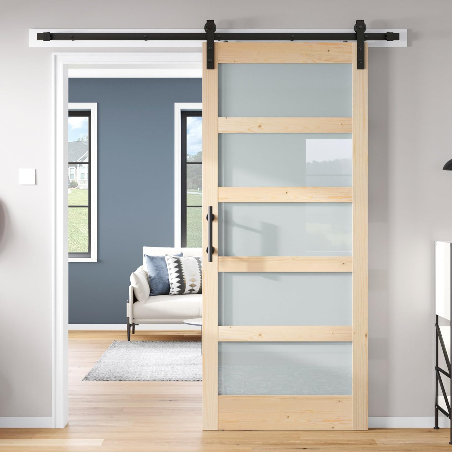 ROYMELO 34x84 inch Glass Sliding Barn Door Slab with 6ft Hardware Kit Included, 5-Panel Frosted Glass, Spruce Wood Support DIY Dyeing, Easy Assembly