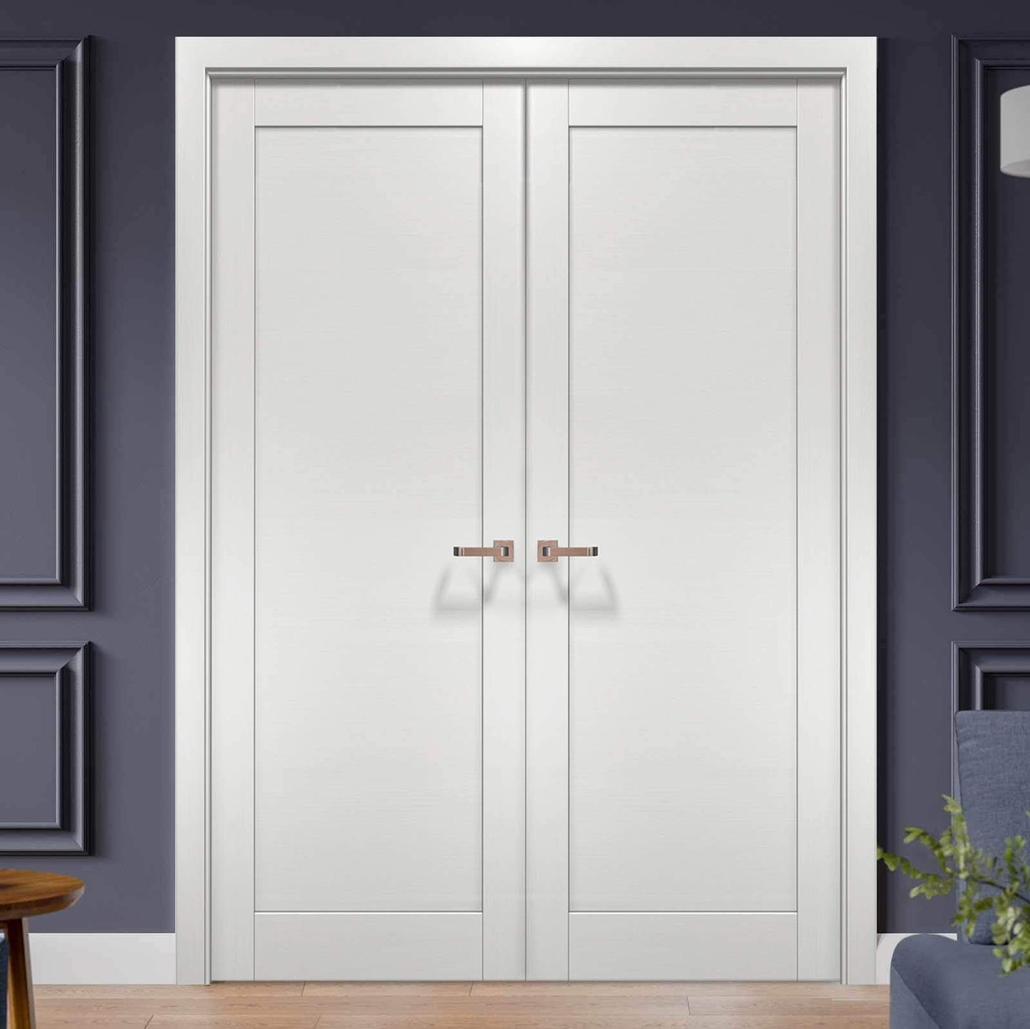 SARTODOORS French Double Interior Doors 48 x 80 with Hardware | Quadro 4111 White Ash | Panel Frame Trims | Bathroom Bedroom Interior Sturdy Door