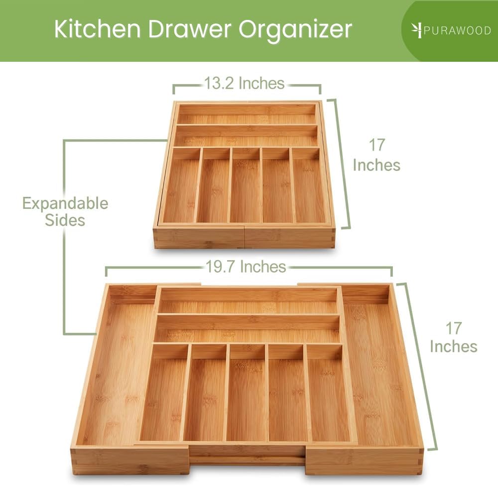 Purawood Bamboo Drawer Organizer - Expandable Cutlery Tray with Dividers | 7-9 Slot Kitchen Utensil Organizer (Natural)
