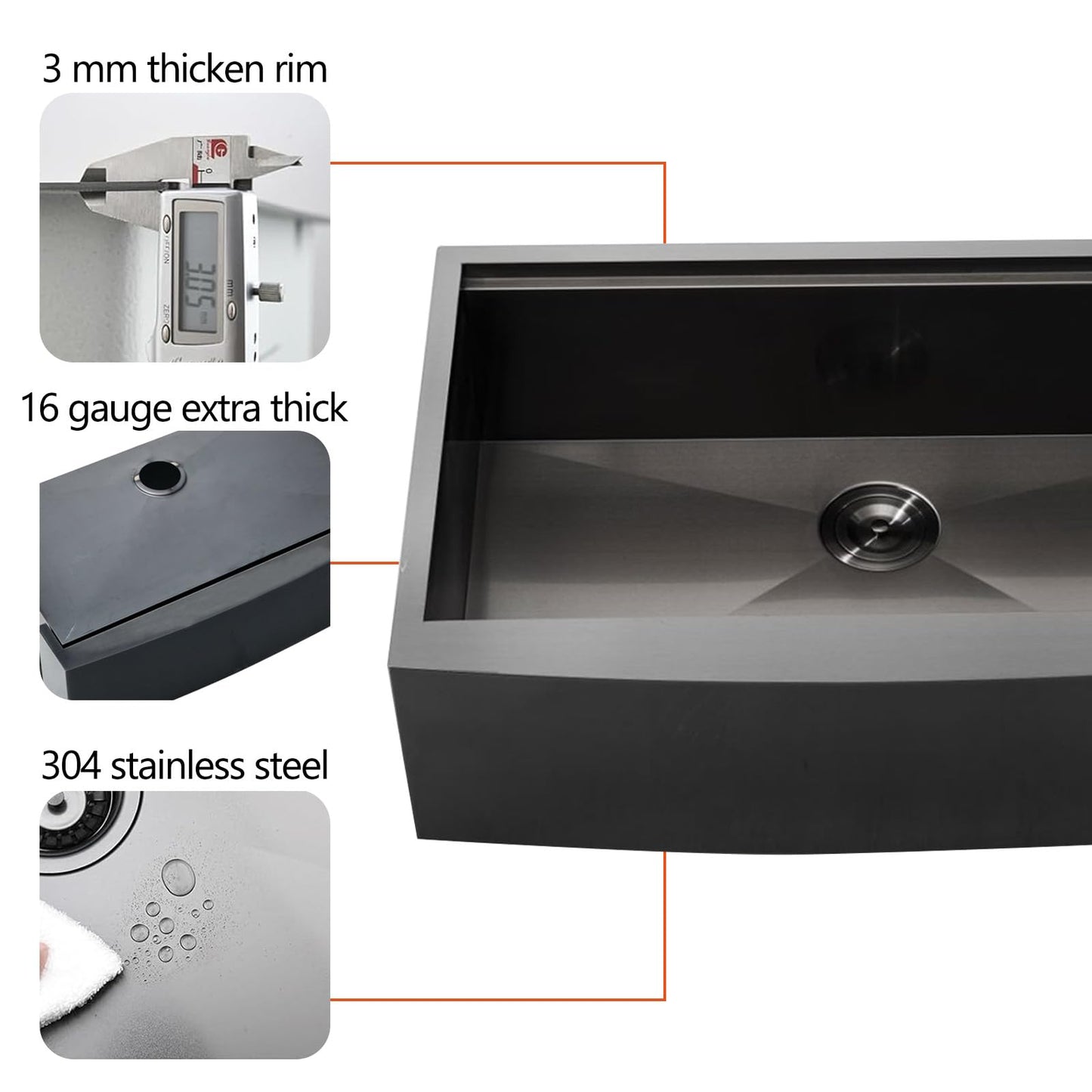 HOTIS 33 Inch Black Farmhouse Sink, Undermount Gunmetal Black Workstation Apron Front Kitchen Sink, 33 x 22 Stainless Steel Farm Sink 16 Gauge 9 Deep Single Bowl Kitchen Sink with Cutting Board