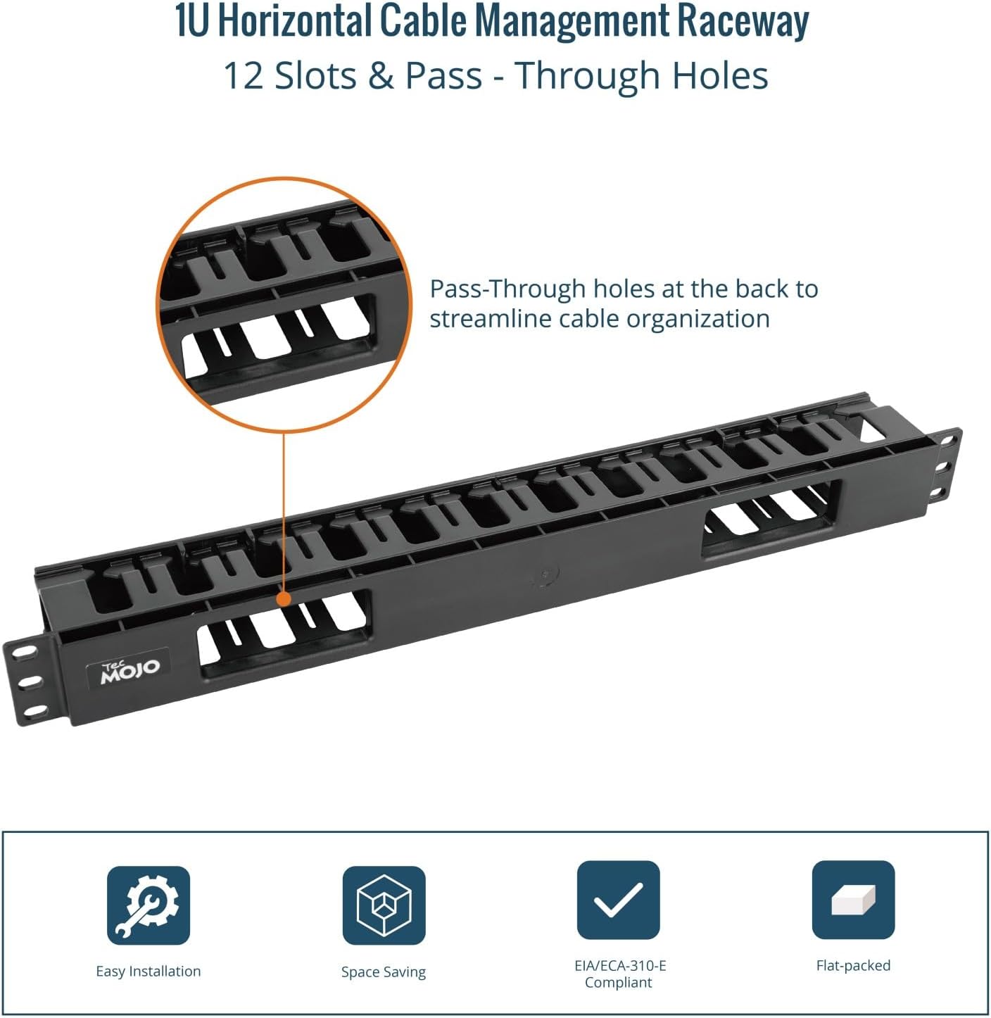 Tecmojo 2 Pack 1U Cover,2.6 12 19 inch Server Rack Horizontal Cable Management with Depth Plastic Cable Manager,Rack