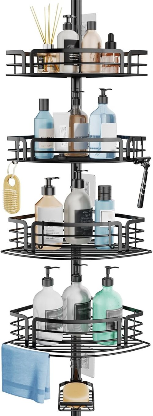 Consumest Corner Shower Caddy Tension Pole - Rustproof Adjustable Bath Organizer with Towel Bar & Soap Holder, 27.6-108.3 Inch, Black