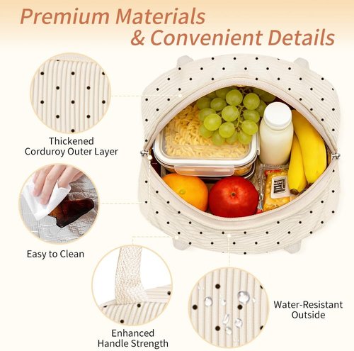 Coobiiya Lunch Bag - Insulated, Leakproof Tote for Men & Women | Cute Corduroy Design, Large Capacity