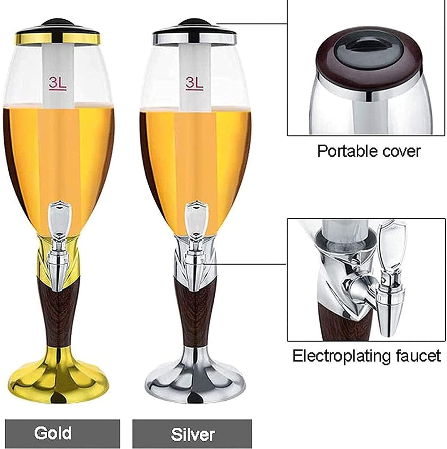 3L Beer Tower Dispenser with Ice Cooling, LED Light, and Tap, Ideal for Parties, Bars, and Home Use – Transparent Column with Clear Scale, Gold(Silver)