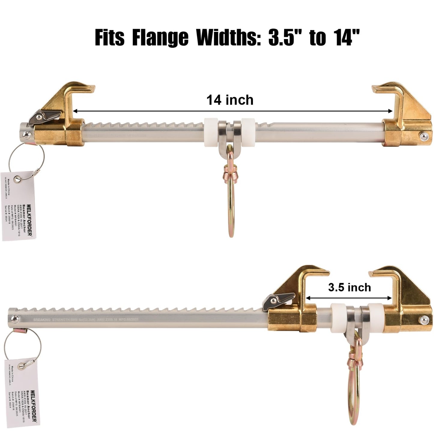 WELKFORDER Horizontal Sliding Beam Anchor Fits 3.5" to 14" Beams [Rugged & Reusable Aluminum] ANSI & OSHA Compliant Fall Protection Positioning Equipment