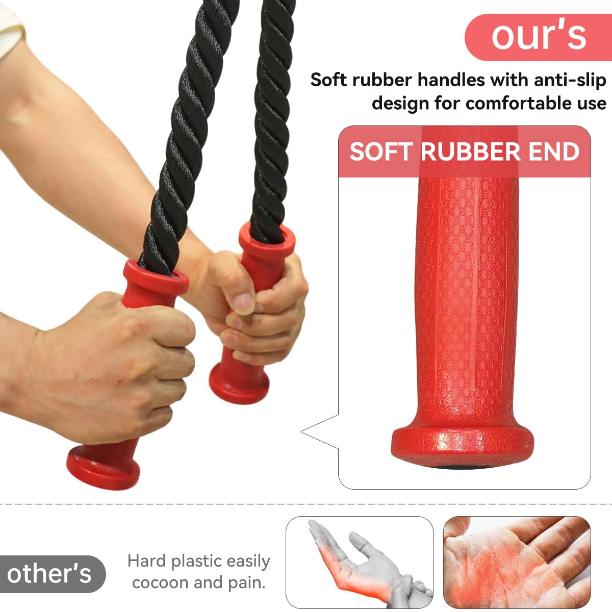 CYBEOE Ergonomic Tricep Rope, 27 Inch Red Grip Non-Slip Gym Rope Cable Attachment Wrist Relief Workout Rope Pull Down Attachment for Cable Machine (70cm)