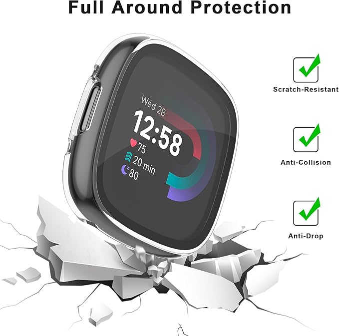 Vancle Case for Fitbit Versa 4 / Fitbit Sense 2, 4-Pack Screen Protector Tempered Glass Full Around Hard PC Case with Sensitive Touch Film Protective for Fitbit Sense 2 / Versa 4(Transparent*4)