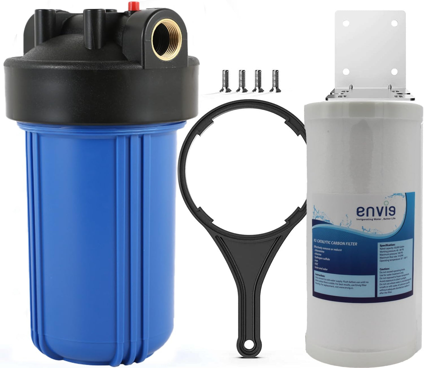Envig K3 Large Capacity Whole House Heavy Metal Iron Hydrogen Sulfide Water Filter, 10" x 4.5", 50,000 Gallon Capacity, Catalytic Carbon KDF