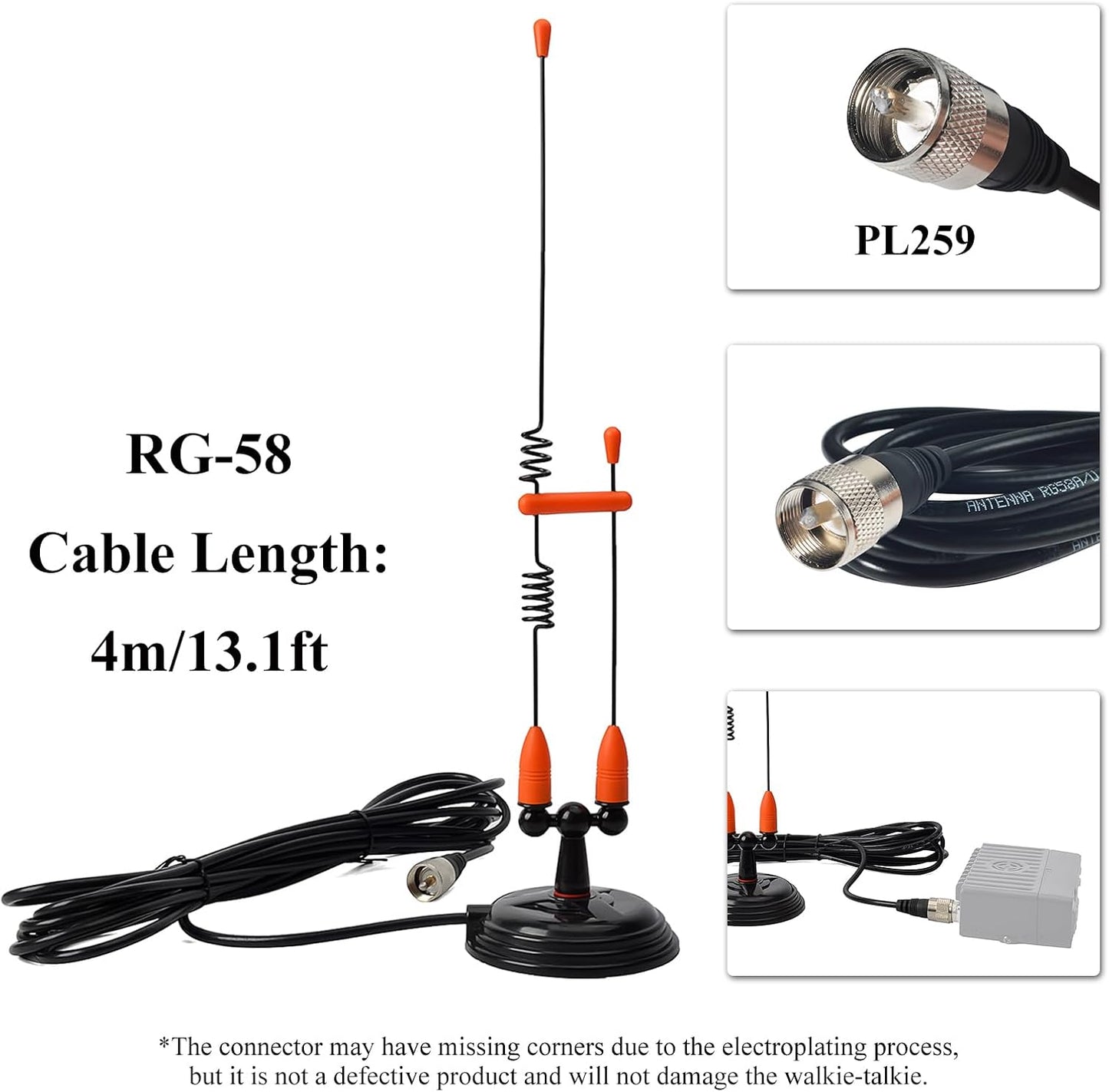 YNIBST 2m/70cm W/3.5-inch 13ft. RG-58 PL259 Dual Band Vehicle Car Mobile Antenna Magnetic Mount Connector, for BTECH