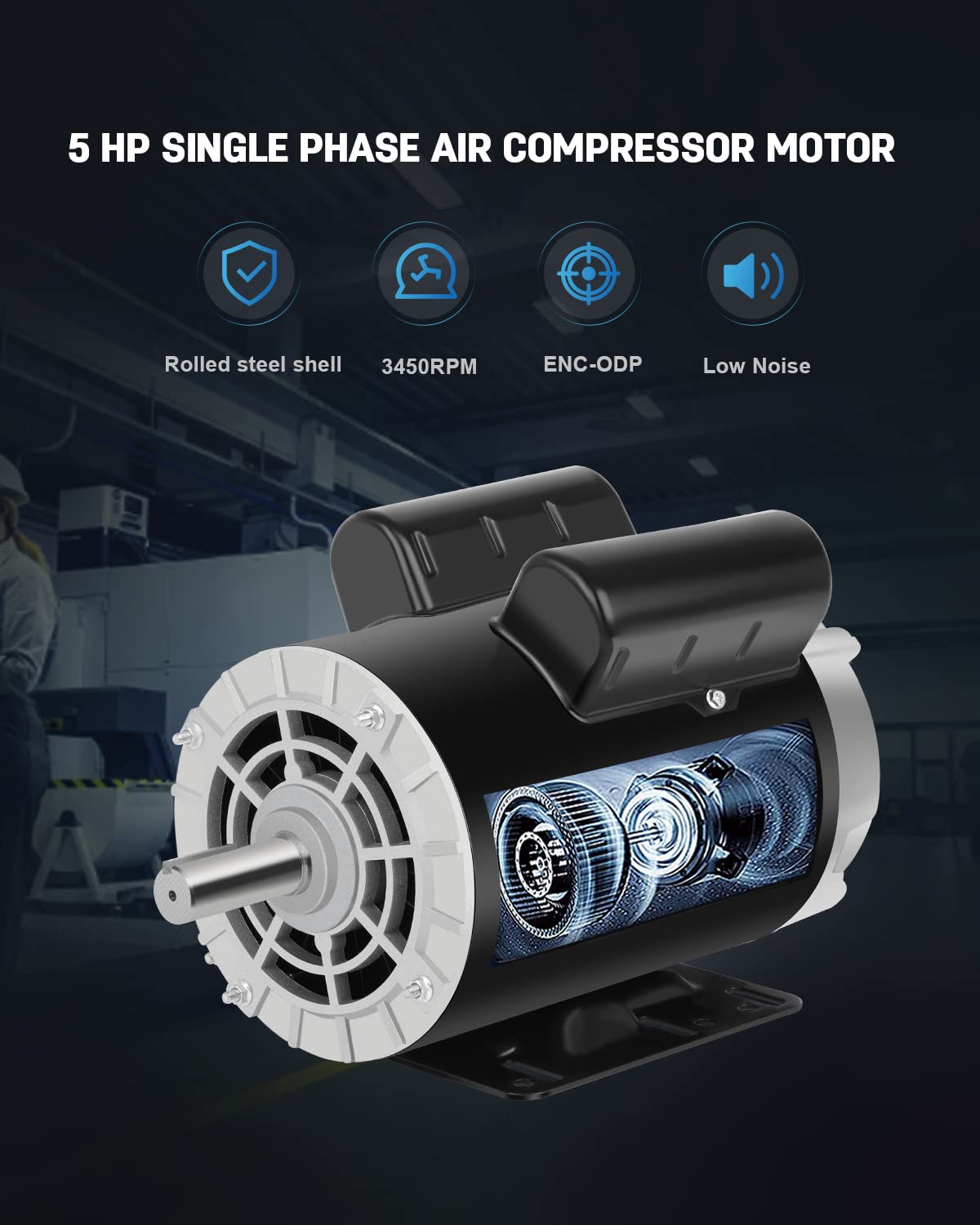 5 HP Air Compressor Electric Motor, 230V Air Compressor Motor 3450 RPM, Single Phase Motor, 56HZ Frame 7/8" Keyed Shaft for Air Compressor