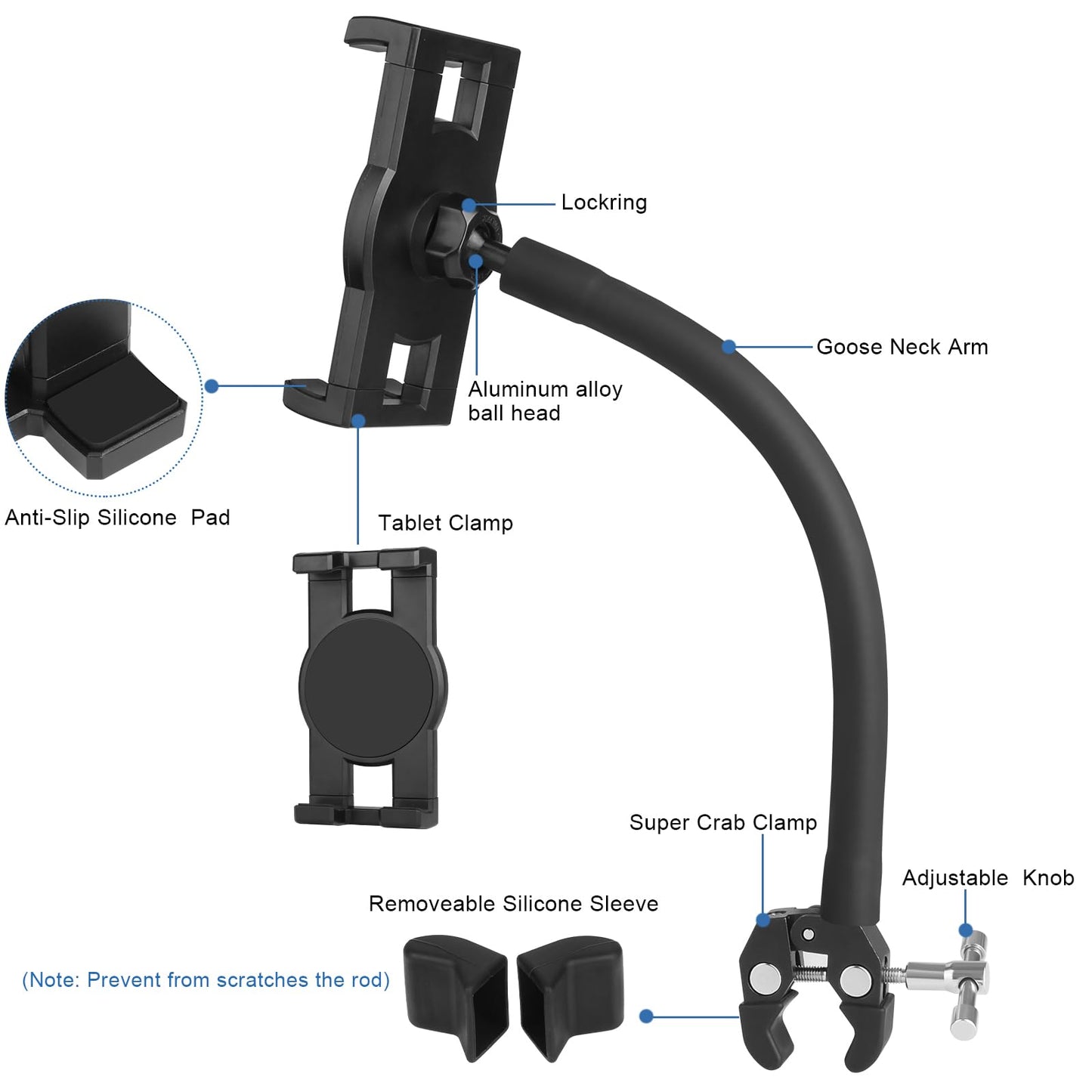 Mippko Tablet Holder for Treadmill/Elliptical/Spin Bike/Peloton/Indoor Cycle,Gooseneck Arm Super Crab Clamp Mount Compitable with 4.7~12.9" iPad/Nexus/LG G Pads/e-Reader/Switch/iPhone