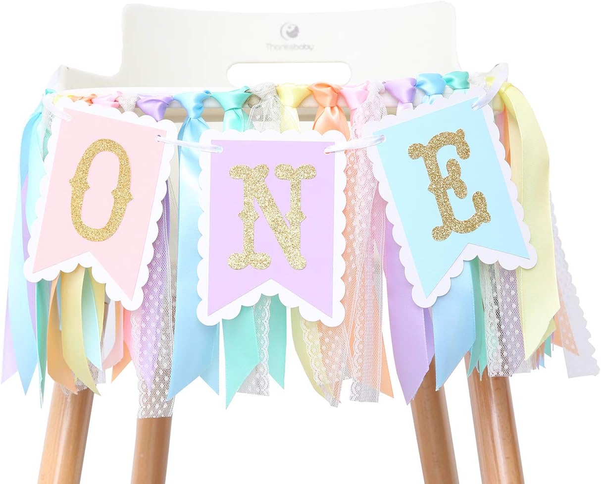 Rainbow High Chair Banner - Colorful 1st Birthday Photo Prop for Baby Girl Smash Cake, Macarons Theme