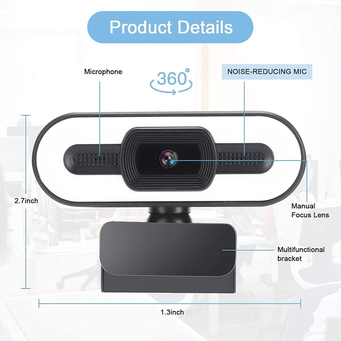 Yoidesu 1080P Webcam for PC, HD Webcam with Adjustable Ring Light and Microphone, Rotatable Wide Angle Camera, Plug