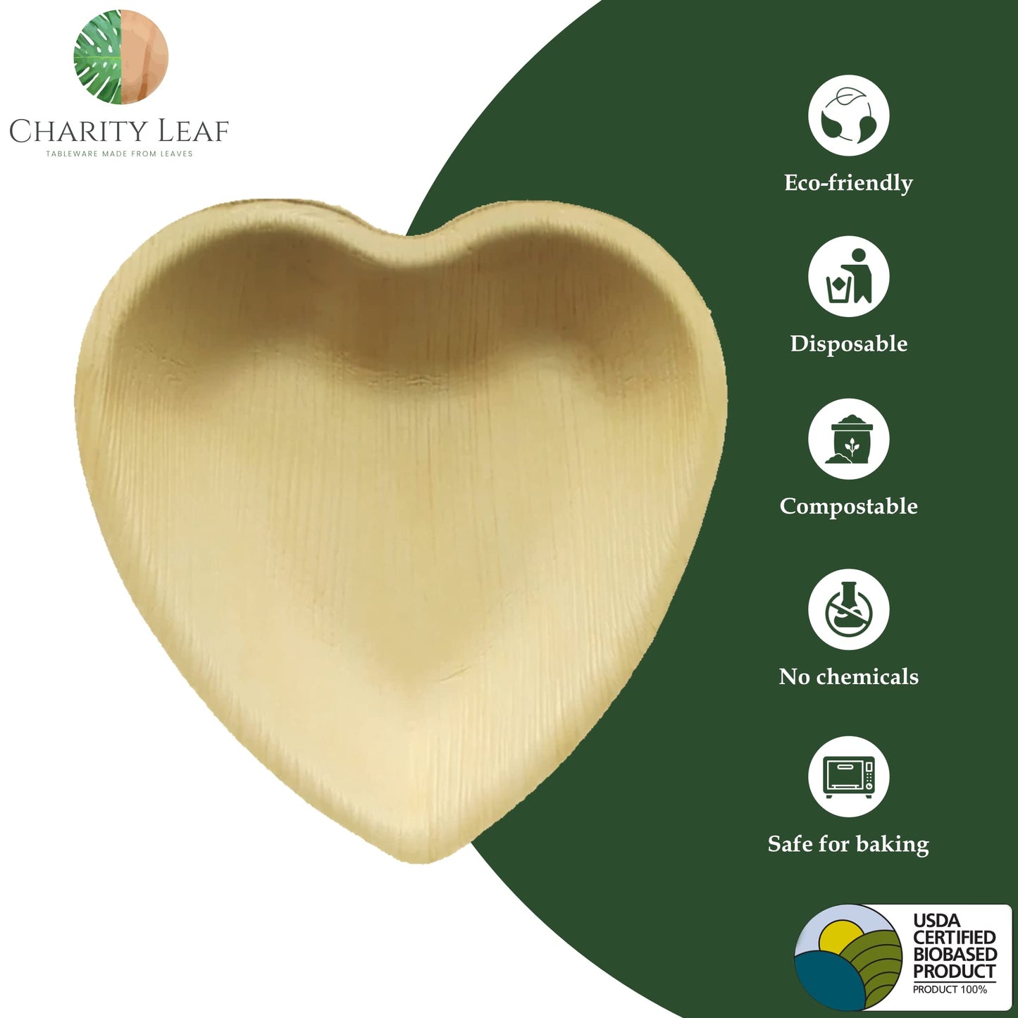 Charity Leaf Disposable Palm Leaf 6" Heart Plates (25 pieces) Bamboo Like Serving Platters, Disposable Boards, Eco-Friendly Dinnerware For Weddings, Catering, Events