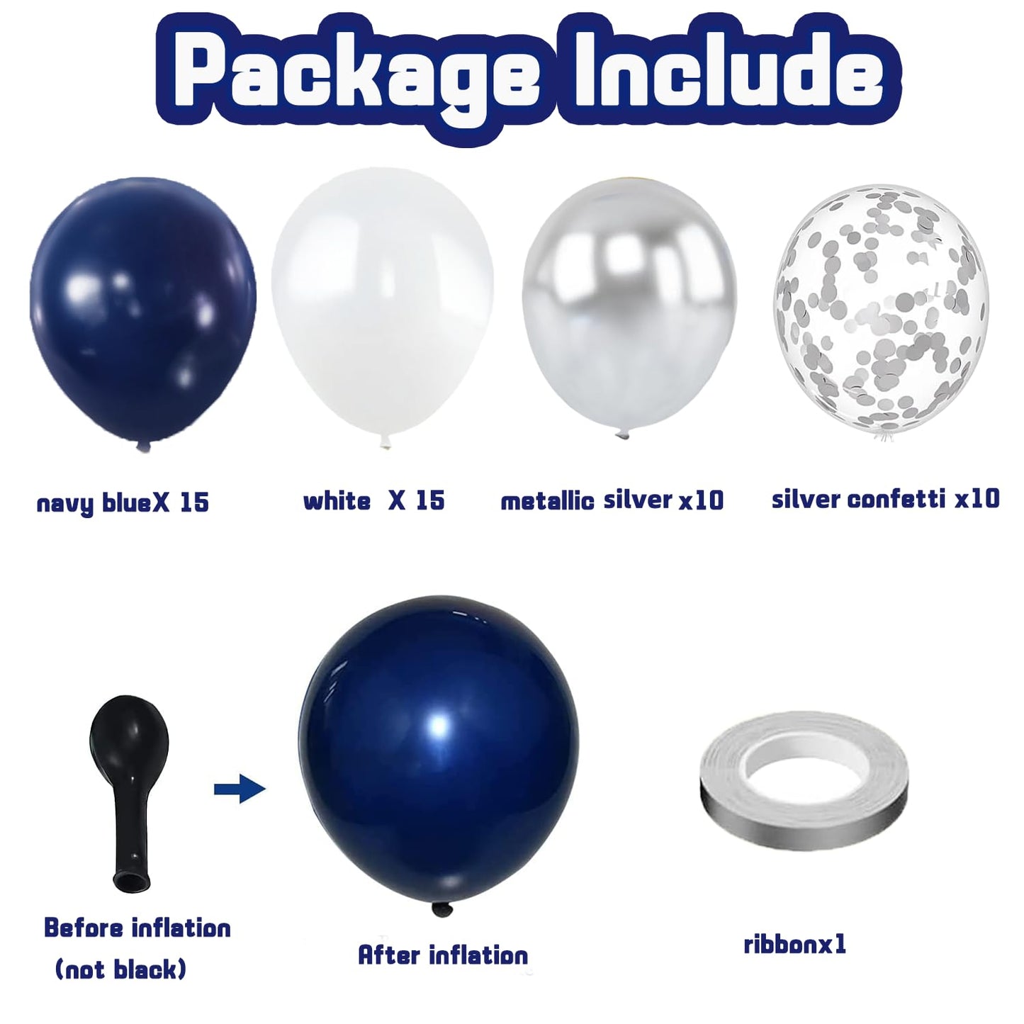 Zesliwy Navy Blue Silver Balloons Kit,50pcs 12inch Royal Dark Blue Metallic Silver White Balloon with Confetti Latex Balloon for Wedding Graduation Birthday Anniversary Party Decorations