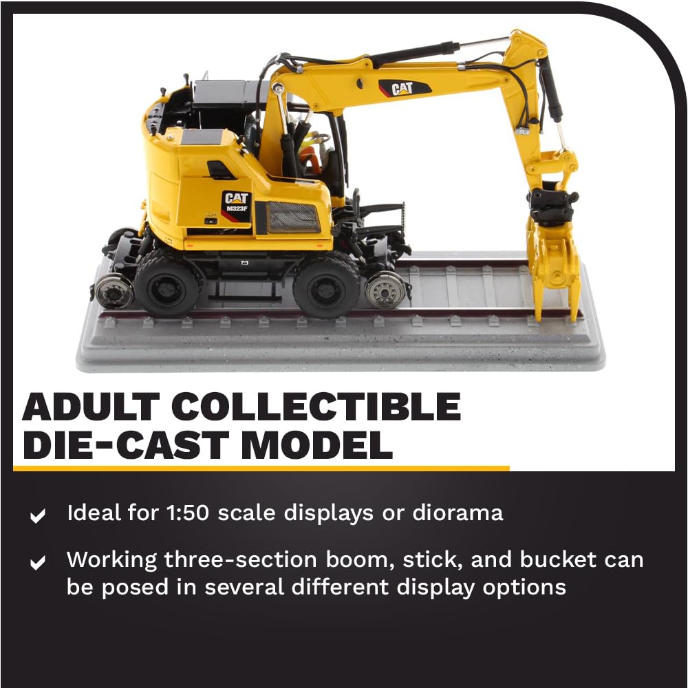 Diecast Masters 1:50 Scale Caterpillar M323F Railroad Wheeled Excavator - Safety Yellow Version | High Line Series Cat Trucks & Construction Equipment Model 85661