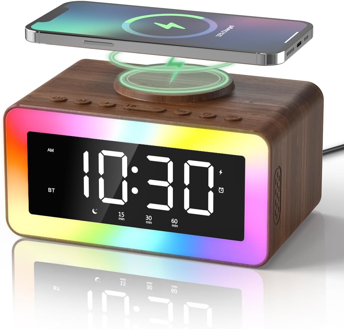 Alarm Clock with Wireless Charging, Bluetooth Speaker, White/Brown Noise Sound Machine Night Light, Wooden Digital