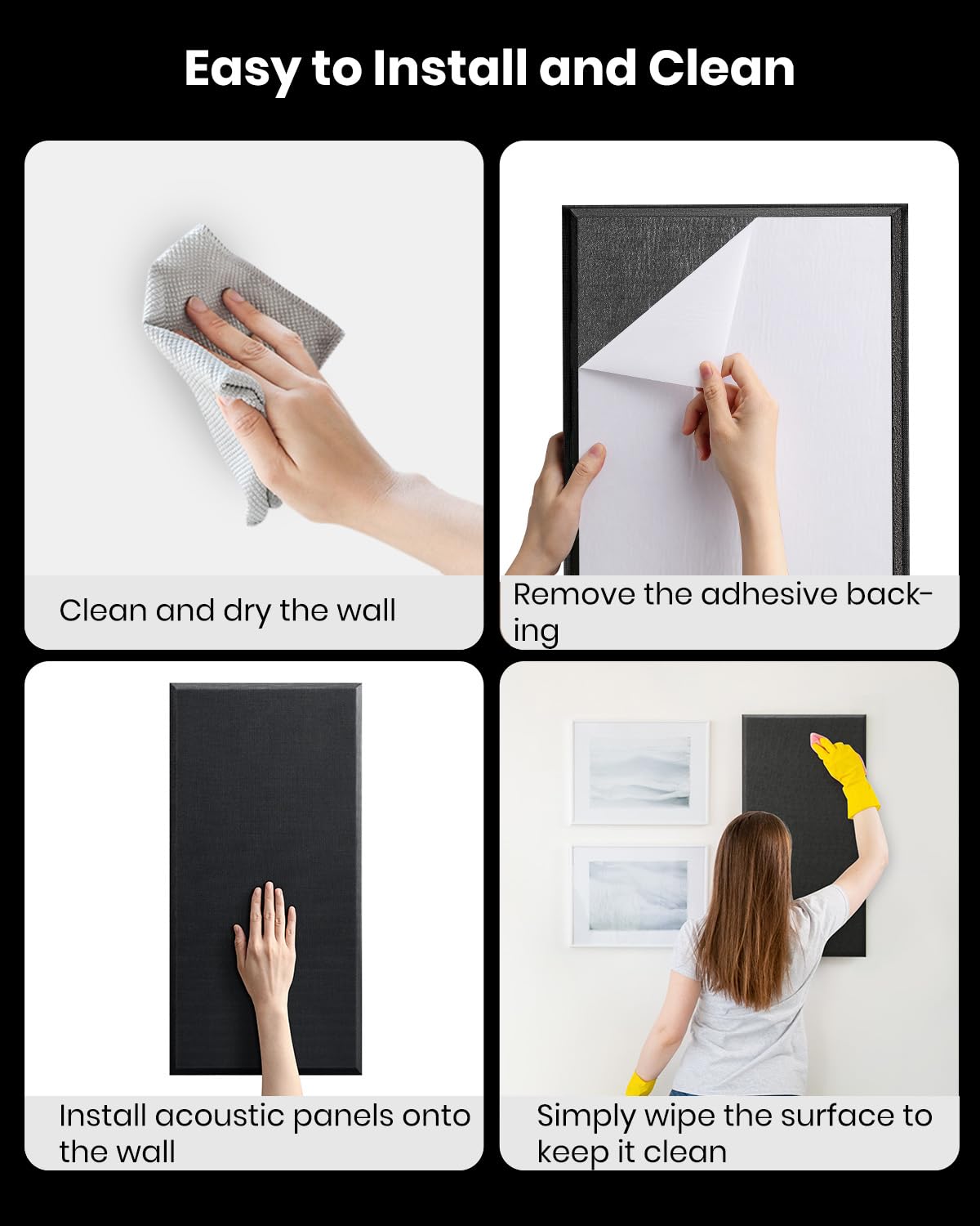 Moukey Acoustic Panels 4 PCS, 2.4“ Thick Fiberglass Soundproof Wall Panels 24''x12'', Self-adhesive Sound Absorbing Panels for Studios, Office, Home Theater (Black)