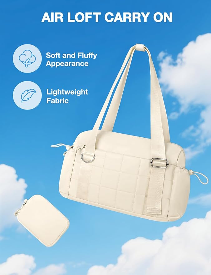 VUUDH Puffy Mini Gym Bag for Women, Carry On Multi-Pocket Water-Resistant Duffel, Lightweight Sports Bag for Fitness, Work, Travel, Daily Commute,Beige