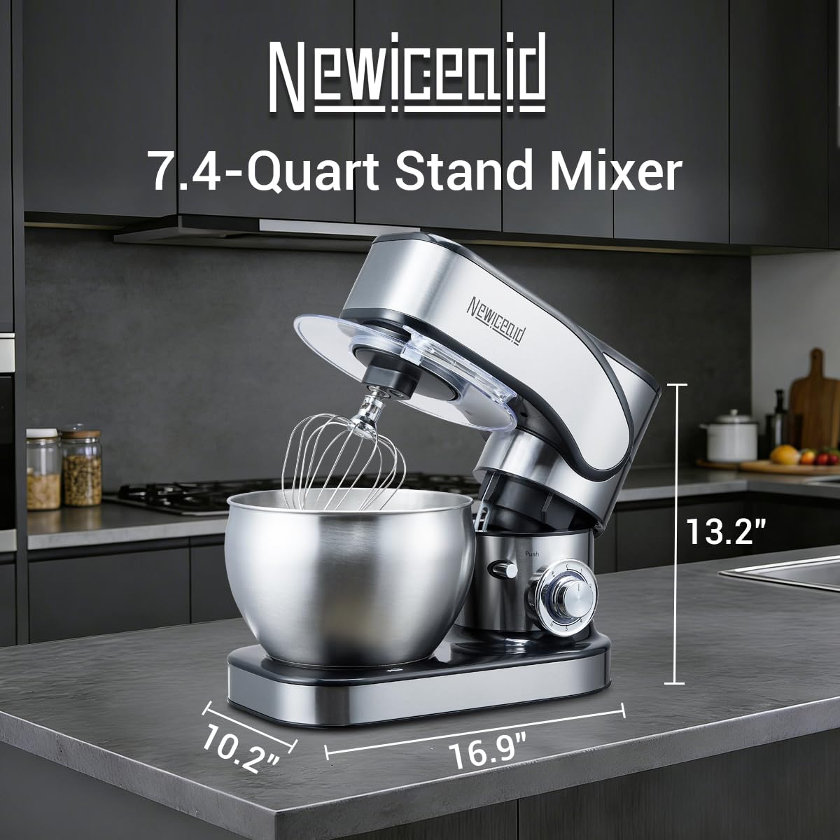 Newiceaid Stainless Steel Stand Mixer, 6-Speed Tilt-Head Mixer with 700W Powerful Motor, 7.4QT Large Capacity Bowl, Electric Kitchen Mixer with Dough Hook, Beater, Whisk for Baking & Dough Making