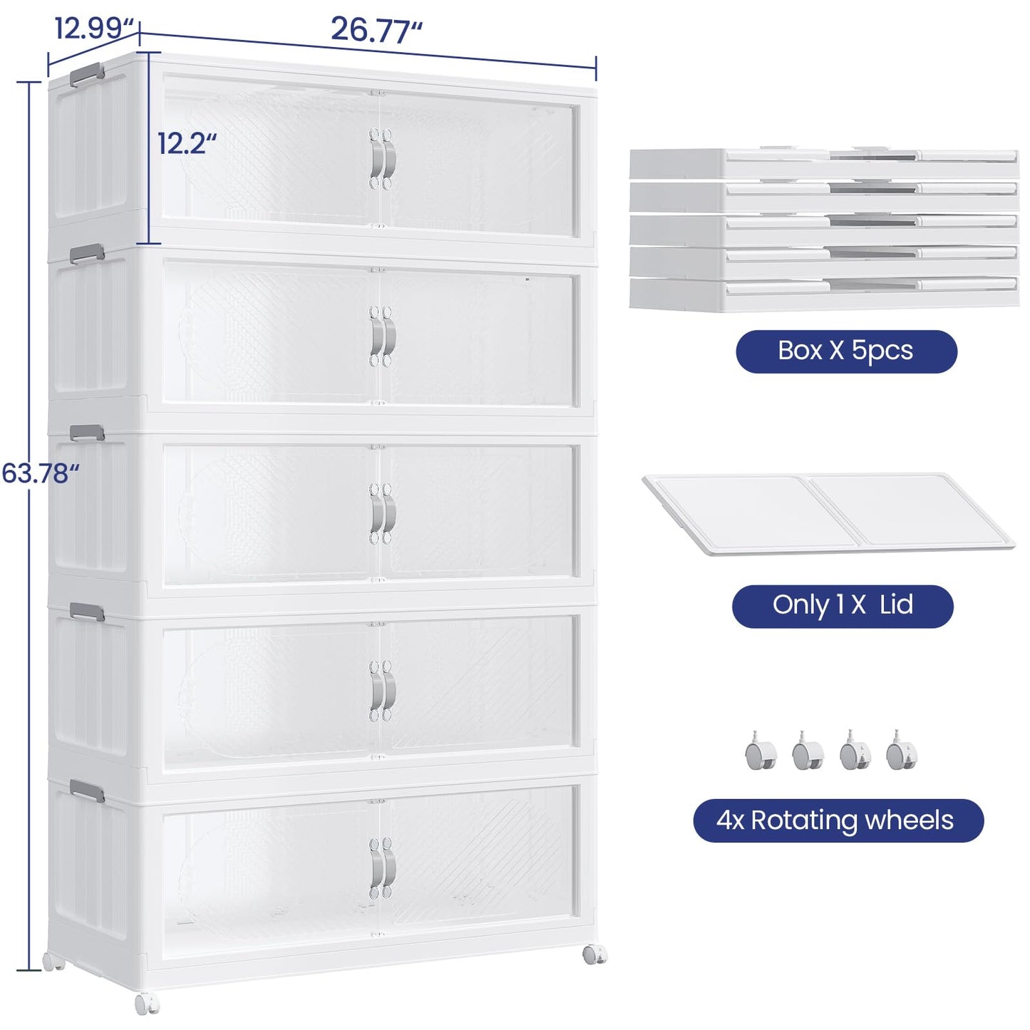 HOCRYPTA 150Gal/600QT 5-Tiers Extra Large Stackable Storage Bins with Lid, Collapsible Cabinet Closet Organizer Plastic Container Box with Wheels Doors Drawers for Living Room Kitchen Office, White