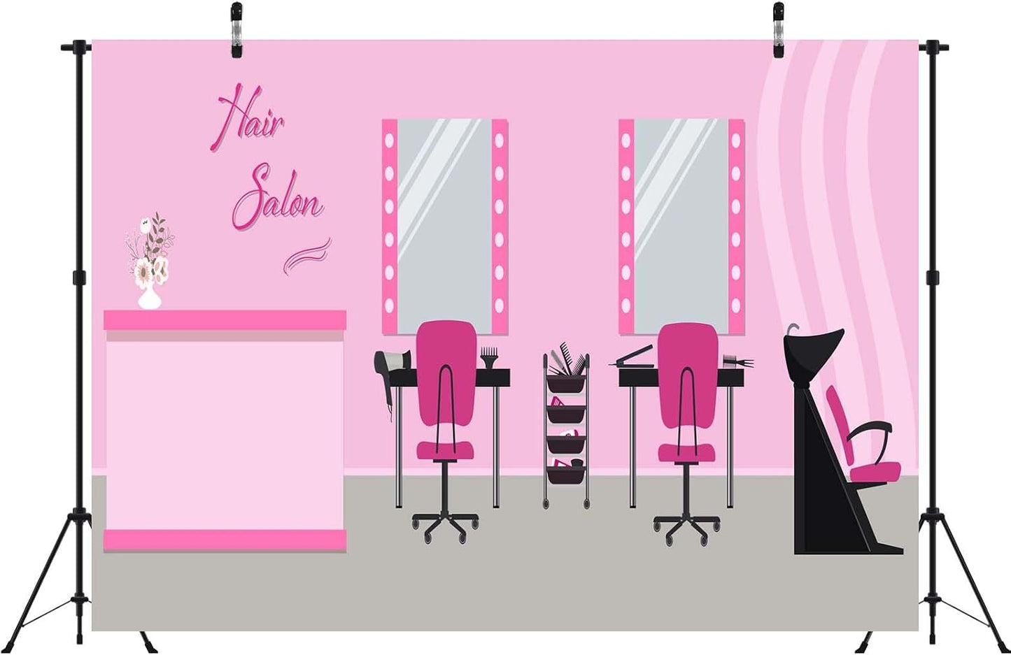 BELECO 5x4ft Fabric Hair Salon Interior Backdrop Pink Barber Shop Haircut Chair Mirror Background Hairstylist Theme
