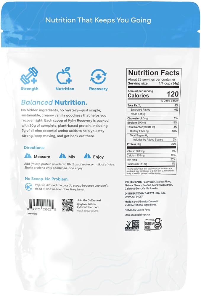 Recovery Plant Based Protein Powder, Vanilla Flavor - 20g Complete Vegan Protein, 0g Sugar, 120 Calories, Supports Muscle Recovery & Strength, Dairy Free, Gluten Free, 28 oz Bag