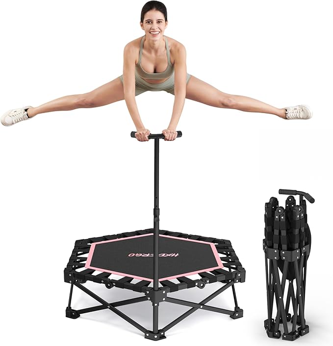 Foldable Mini Trampoline, Rebounder Trampoline with Adjustable Foam Handle, Fitness Trampoline for Indoor, Outdoor, Home Gym, Max Load 460lbs