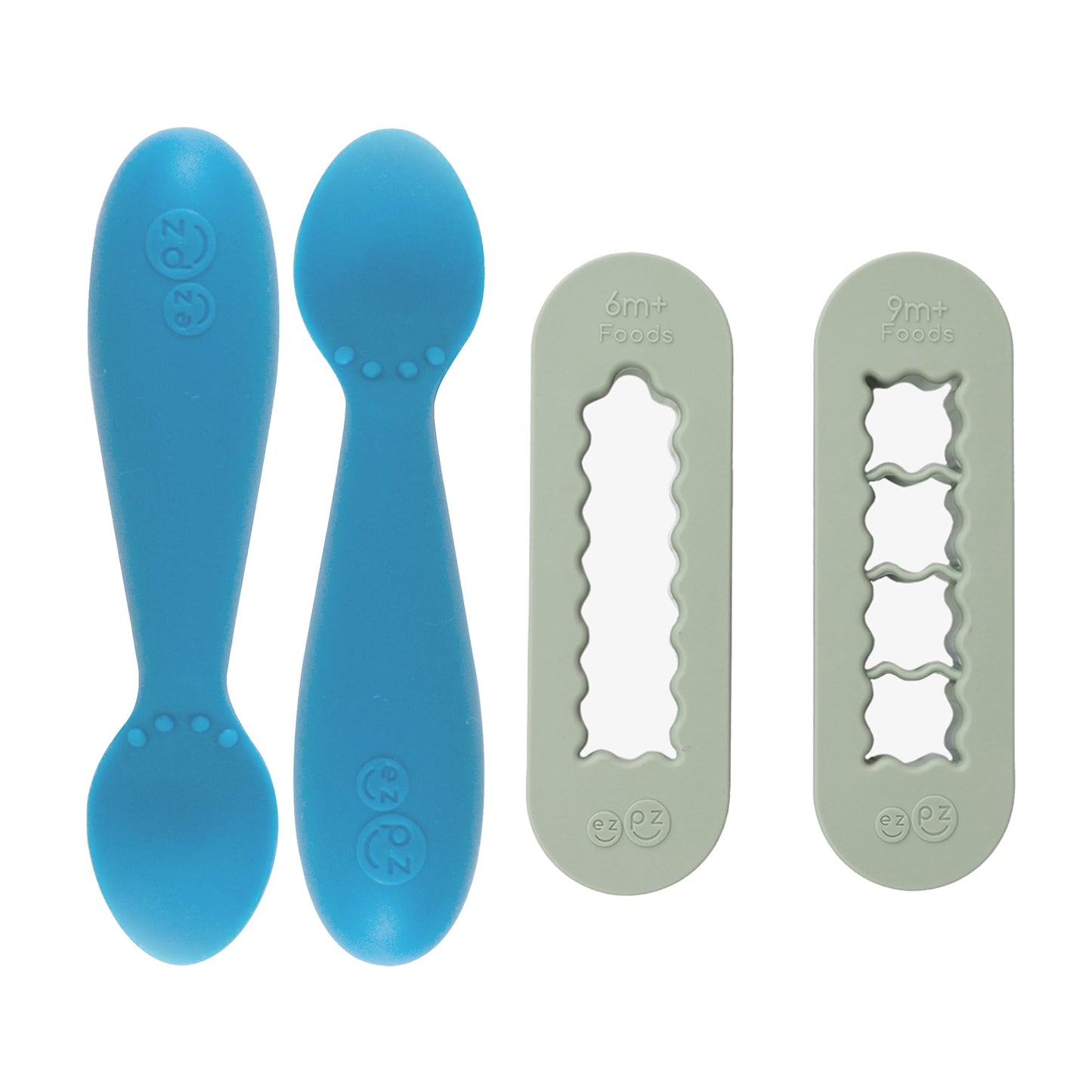 ezpz Baby Feeding Bundle – Tiny Spoon (2-Pack, Blue) + BLW Food Cutters (2-Pack, Sage) – 100% Silicone Baby-Led Weaning Set for 6–9+ Months – Infant Feeding & Prep Essentials