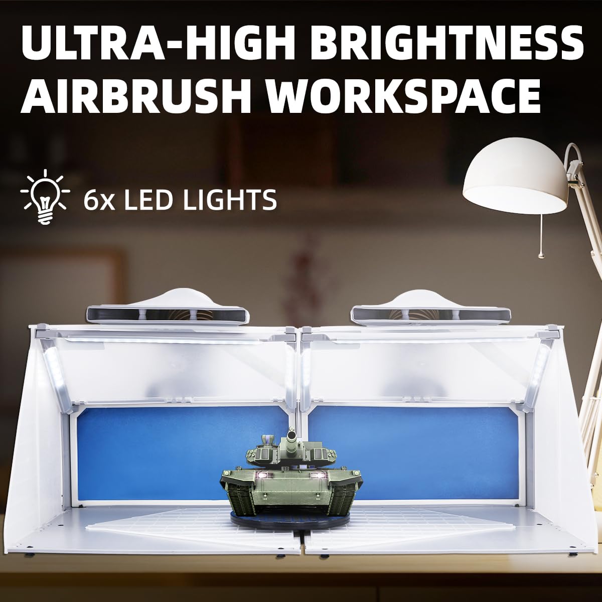 OPHIR 2 Sets of Portable Airbrush Spray Booth with 6 LED Lights, 2 Exhaust Hoses & 360° Turntables, Spray Paint Booth for Model Hobby Crafts, Foldable Ventilation Airbrush Booth for Indoor Painting