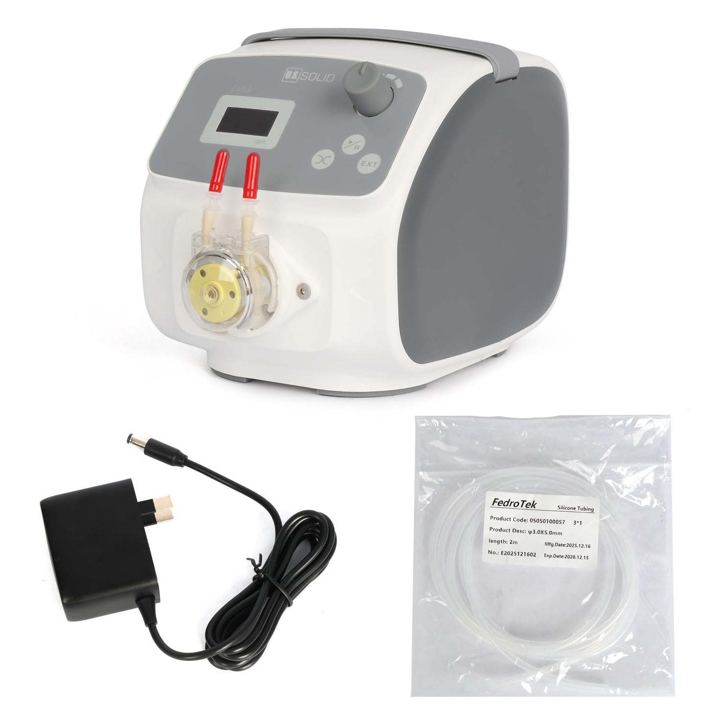 U.S. Solid Lab Peristaltic Pump, Compact Single Channel Dosing Pump with OLED Display, Adjustable Speed 0.1–150 RPM, Flow Rate 0.031-47.26 mL/min, Reversible, External Control for Laboratory Use