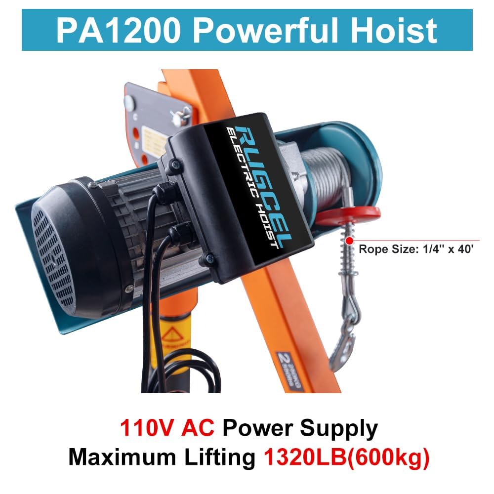 GRIPWAY 2200lb Industrial Folding Hoist Truck - 110V Electric Jib Crane with 1320lb Pull Force, Painted Steel for Warehouse Construction Factory Goods Lifting，Orange