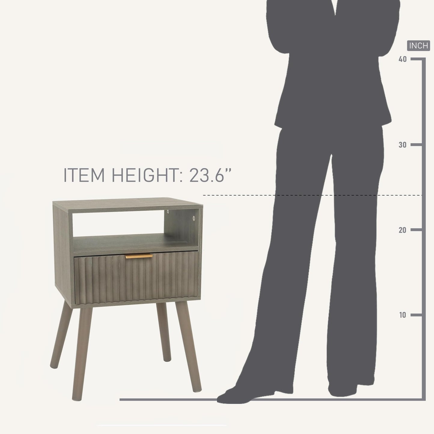 Fultyle Grey Nightstand, Modern Night Stand Wood, Fluted Bedside Table with Solid Wood Legs for Bedroom, Dorm and Small Space (Grey)