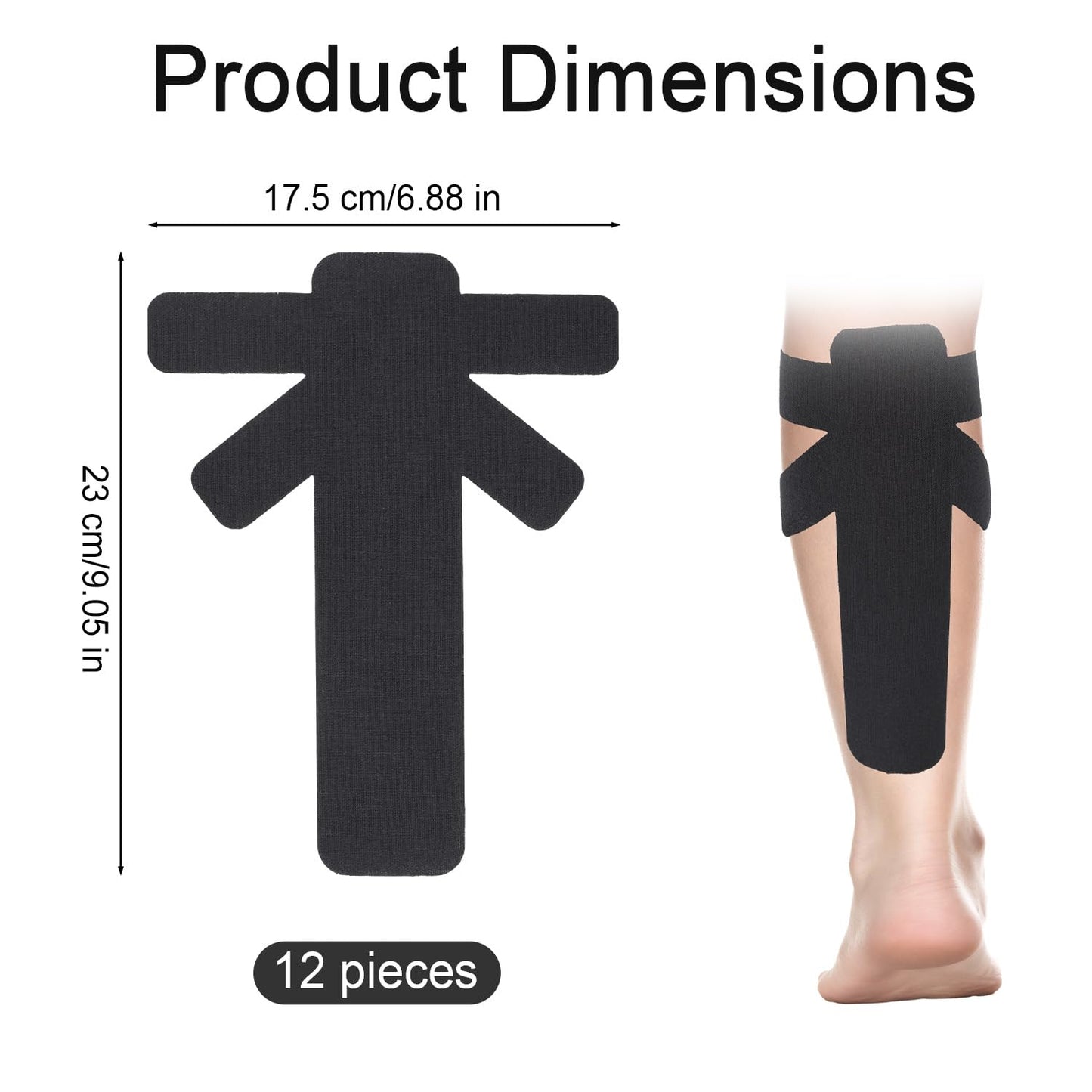 12pcs Precut Kinesiology Tapes for Calf Muscles, Waterproof & Breathable Athletic Calf Support Strips Tape Elastic Sports Tape Stickers for Swelling Muscle Recovery (Black)