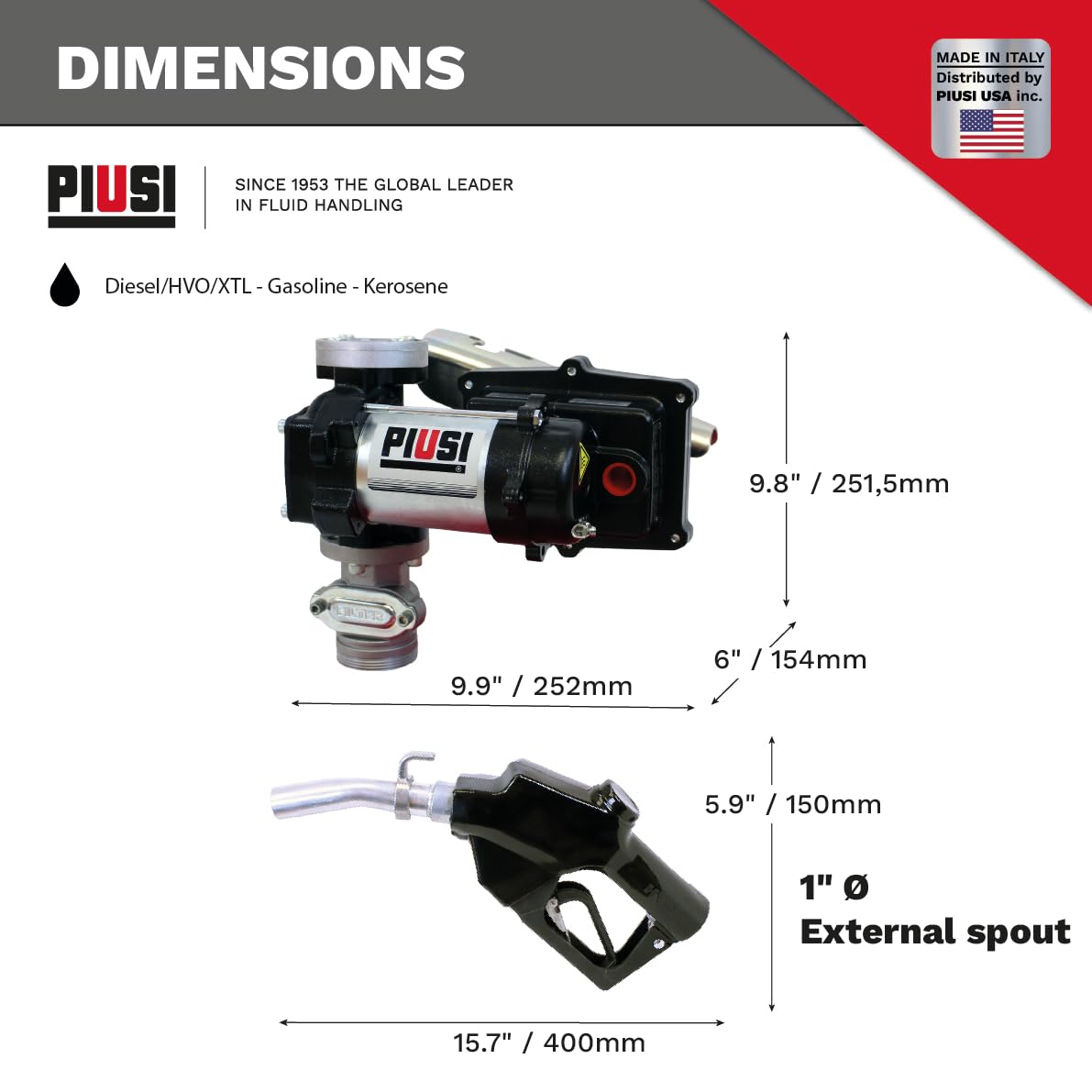 Piusi EX75 UL DC Fuel Transfer Pump KIT 12V for Diesel and Gasoline 20 GPM Flow Rate at Nozzle Equipped with 12 ft Discharge Hose, Automatic Nozzle